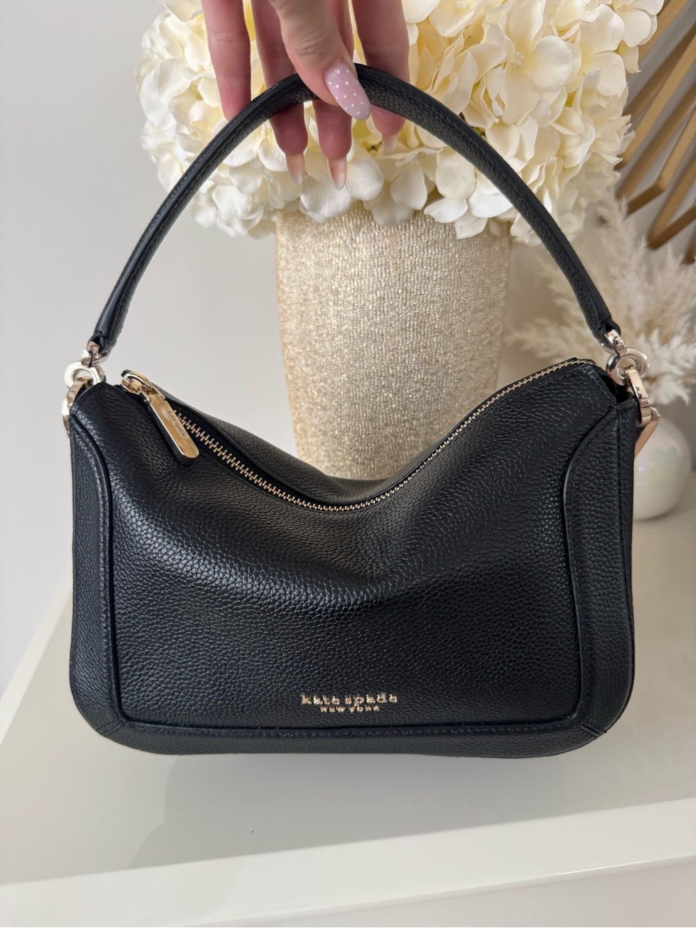 kate spade Black Crush Pebbled Leather Shoulder Hobo Bag with Gold Hardware
